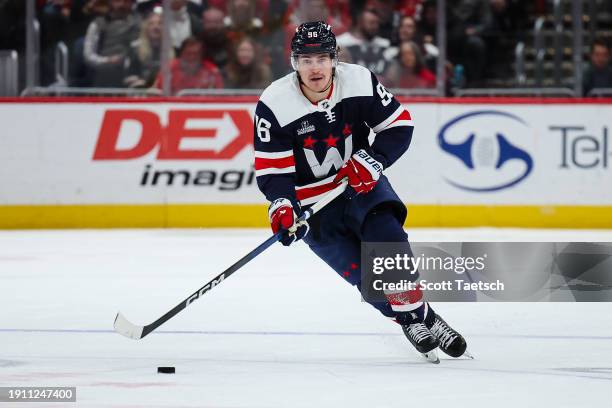 Nicolas Aube-Kubel of the Washington Capitals skates with the puck against the Nashville Predators during the second period of the game at Capital...