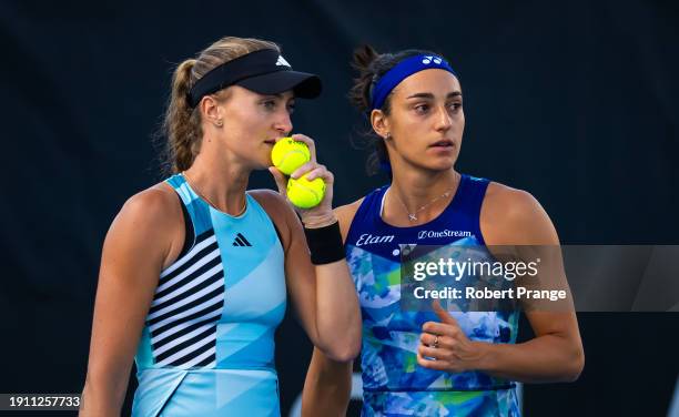 Kristina Mladenovic and Caroline Garcia of France in action against Ellen Perez of Australia and Nicole Melichar-Martinez of the United States during...