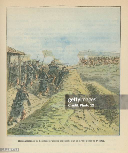 Reconnaissance of Prussian houzards repelled by an outpost of the 3rd corps. Illustration published in the book 'FranCais et Allemands, histoire...