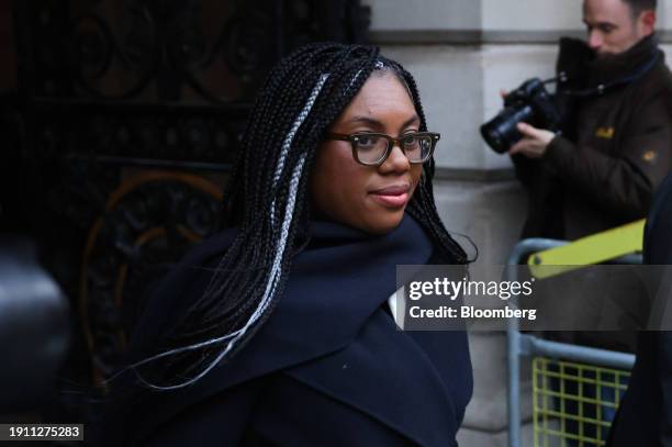 Kemi Badenoch, UK business secretary, arrives for a weekly meeting of cabinet ministers at 10 Downing Street in London, UK, on Tuesday, Jan. 9, 2024....