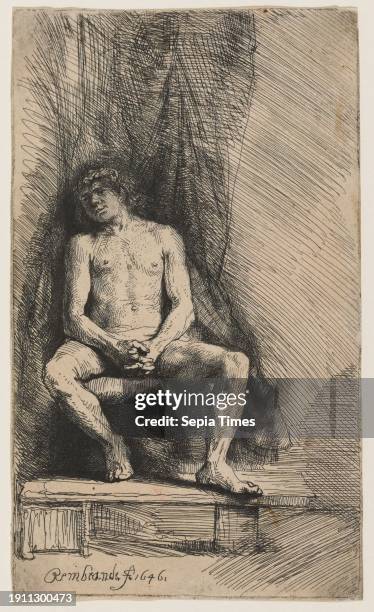 Nude Youth Seated before a Curtain Rembrandt Harmensz. Van Rijn, Dutch, 1606–1669, 6 9/16 x 3 7/8 in. , Etching, Netherlands, 17th century, In 1646...