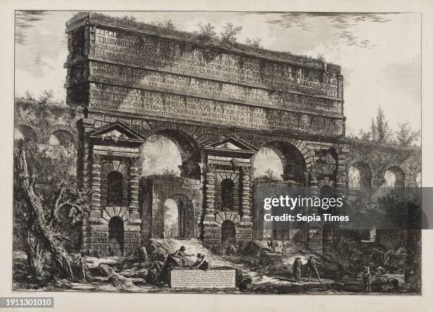 Arch of Vespasian Giovanni Battista Piranesi, Italian , Italian, 1720–1778, 19 1/4 x 27 7/8 in. 21 3/8 x 30 1/4 in. , Etching and engraving, Italy,...