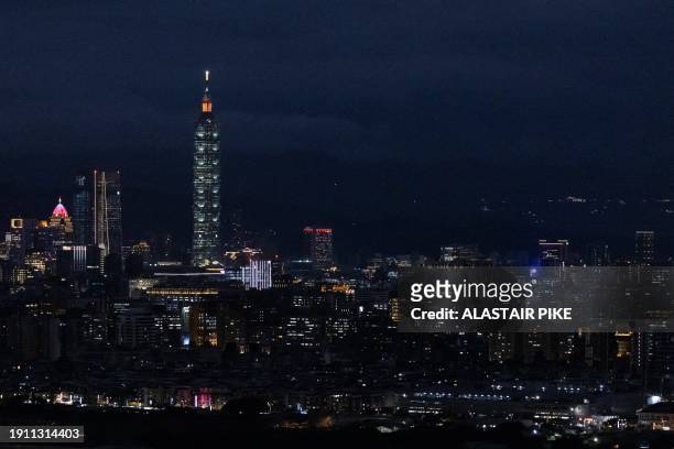 General view of Taipei 101 and the skyline is seen from Jiantanshan in Taipei on January 9, 2024.