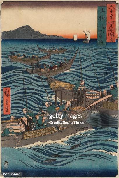Bonito Fishing on the Ocean, Tosa Province 7th month, Utagawa Hiroshige; Publisher: Koshimuraya Heisuke, Japanese, 1797 - 1858, 13 9/16 × 8 11/16 in....