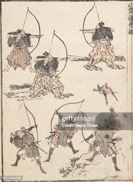 Archers Katsushika Hokusai, Japanese, 1760 - 1849, 7 7/8 x 5 5/16 in. , From a woodblock printed book; ink and color on paper, Japan, 19th century.