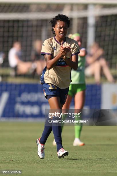 Sarina Bolden of the Jets celebrates a goal during the A-League Women round 11 match between Newcastle Jets and Canberra United at No. 2 Sports...