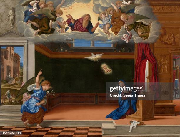 The Annunciation, c. 1540, Girolamo da Santacroce, Italian , Italian , 1480/85–1556, 22 3/4 x 29 1/2 in. , Oil on panel, Italy, 16th century, Sent by...