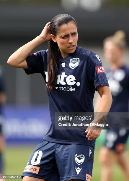 Alexandra Chidiac of Melbourne Victory looks on ahead of the A-League Women round 11 match between Melbourne Victory and Western United at La Trobe...