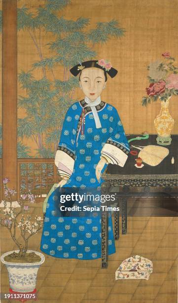Birthday Portrait of a Young Manchu Lady, c. 1800-1850, 45 3/16 × 26 5/8 in. 83 × 34 15/16 in. 86 1/8 × 39 1/16 in. , Ink and color on silk, China,...