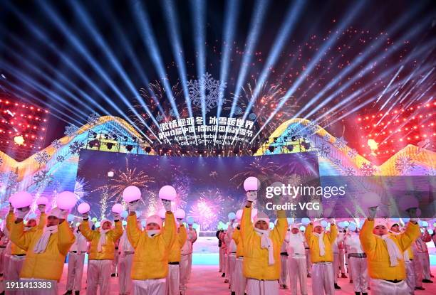 Performers dance during the opening ceremony of the 40th Harbin International Ice and Snow Festival at the Harbin Ice and Snow World on January 5,...