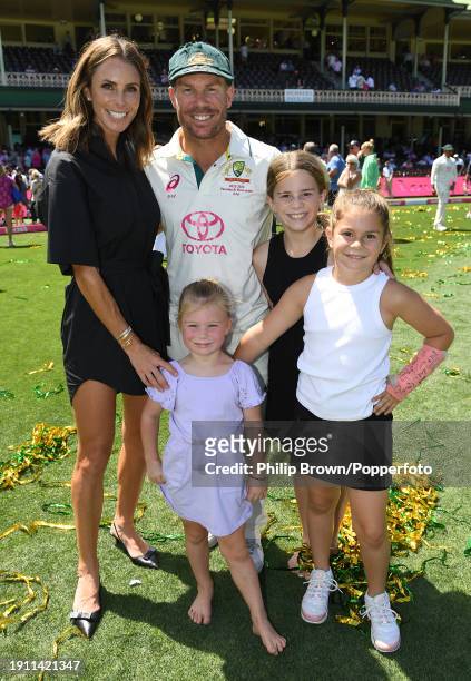 David Warner smiles with his wife Candice and daughters Indi Rae , Ivy Mae and Isla after Australia won the Men's Third Test Match and the series 3-0...