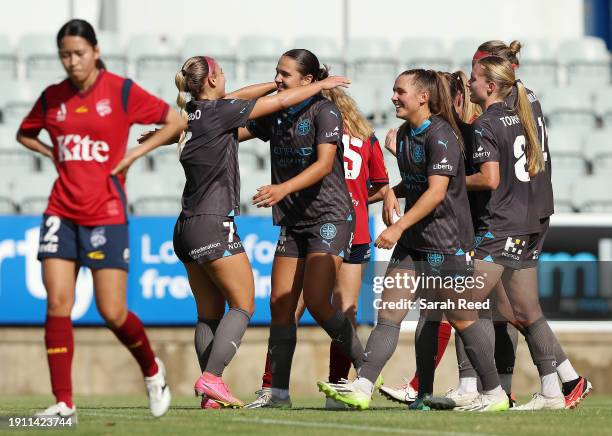 Daniela Galic of Melbourne City FC celebrates her goal with team matesduring the A-League Women round 11 match between Adelaide United and Melbourne...