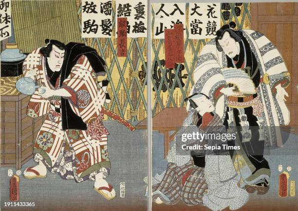 Kunisada Edo nyk. Tokyo, Japan Actors Nakamura Fukusuke, Nakamura Enjaku and Kataoka Ichizo in the play Futatsu cho-cho colour woodcut.