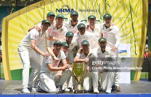 Pat Cummins and his team with the trophy after the Men's Third Test Match in the series between Australia and Pakistan at Sydney Cricket Ground on...