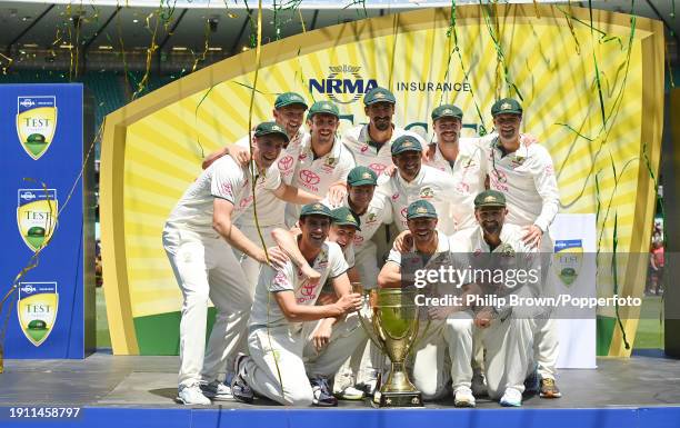 Pat Cummins and his team with the trophy after the Men's Third Test Match in the series between Australia and Pakistan at Sydney Cricket Ground on...