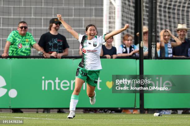 Keiwa Hieda of Western United celebrates a goal during the A-League Women round 11 match between Melbourne Victory and Western United at La Trobe...