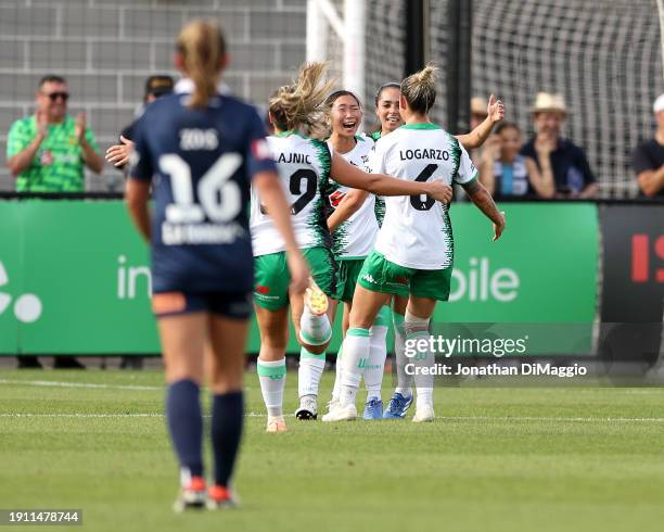 Keiwa Hieda of Western United celebrates a goal with teammates during the A-League Women round 11 match between Melbourne Victory and Western United...