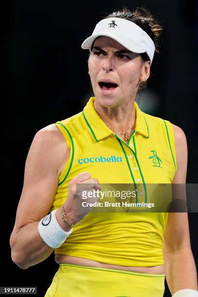 Ajla Tomljanovic of Australia celebrates winning a point in the semi-final match against Angelique Kerber of Germany during the 2024 United Cup at...