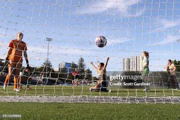 Melindaj Barbieri of the Jets celebrates a goal during the A-League Women round 11 match between Newcastle Jets and Canberra United at No. 2 Sports...