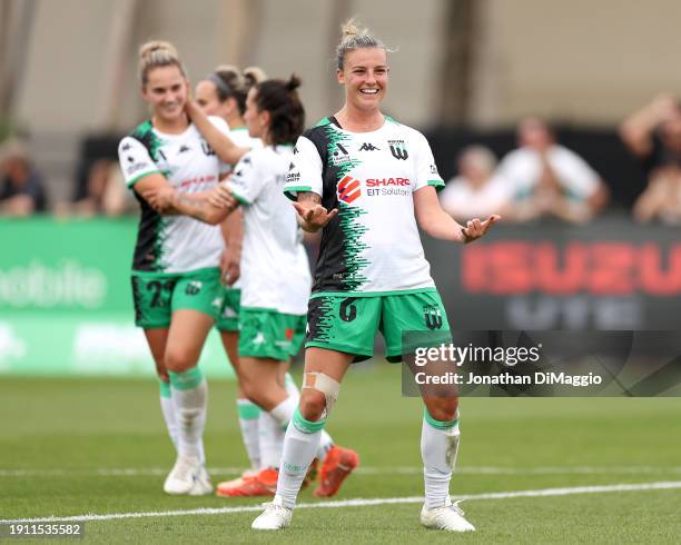 Chloe Logarzo of Western United celebrates a goal during the A-League Women round 11 match between Melbourne Victory and Western United at La Trobe...