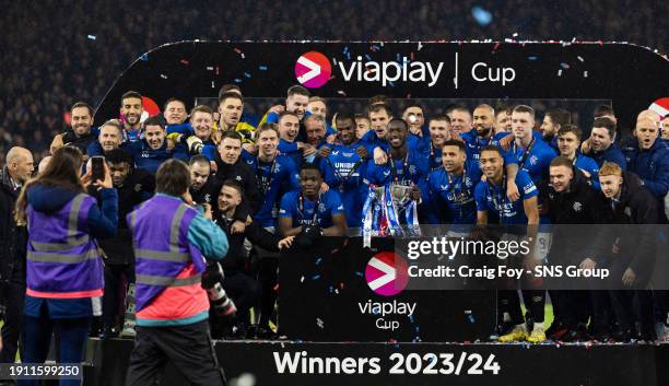 Rangers players celebrate after the Viaplay Cup Final match between Rangers and Aberdeen at Hampden Park, on December 17 in Glasgow, Scotland.