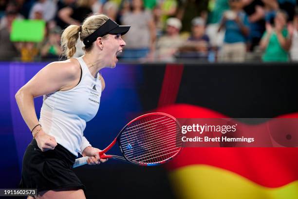 Angelique Kerber of Germany celebrates victory in the semi-final match against Ajla Tomljanovic of Australia during the 2024 United Cup at Ken...