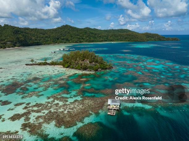 Pearl farm is overflown in the middle of the lagoon of Mangareva island on January 21 in the Gambier archipelago, Pacific Ocean. The pearl farms of...