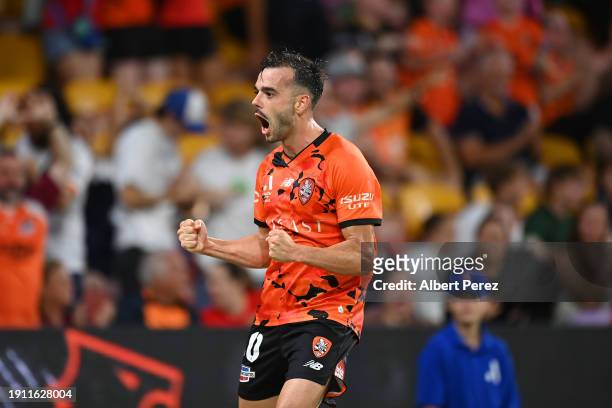 Nikola Mileusnic of Brisbane celebrates scoring a goal during the A-League Men round 11 match between Brisbane Roar and Sydney FC at Suncorp Stadium,...