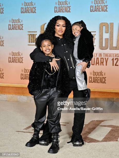 Teyana Taylor , Iman Tayla Shumpert Jr. And Rue Rose Shumpert attend the Los Angeles Premiere of Sony Pictures' "The Book of Clarence" at Academy...