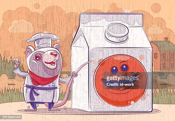 chef mouse presenting with smiley drink carton box - pet clothing stock illustrations
