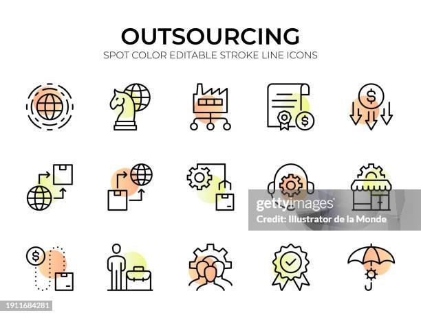 illustrazioni stock, clip art, cartoni animati e icone di tendenza di outsourcing line icon set - outsourcing