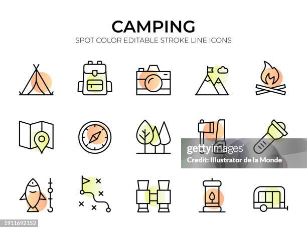 bildbanksillustrationer, clip art samt tecknat material och ikoner med adventure and camping line icon set - map monde vector