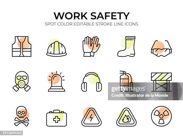 illustrazioni stock, clip art, cartoni animati e icone di tendenza di set di icone della linea di sicurezza sul lavoro - attrezzatura di sicurezza