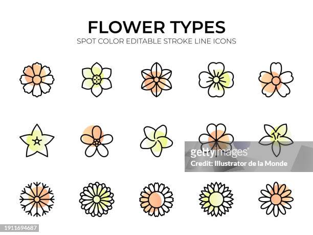 flower types line icon set - plumeria stock illustrations
