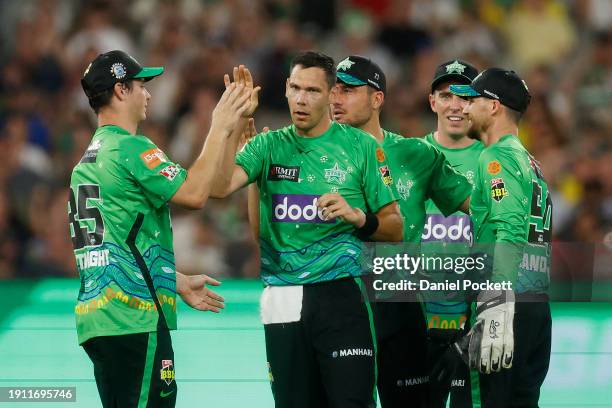 Scott Boland of the Stars celebrates the dismissal of Josh Philippe of the Sixers during the BBL match between Melbourne Stars and Sydney Sixers at...
