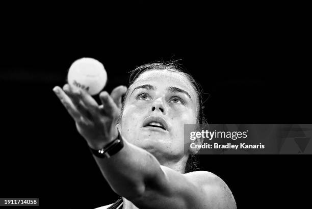 Aryna Sabalenka of Belarus serves in her semi final match against Victoria Azarenka of Belarus during day seven of the 2024 Brisbane International at...