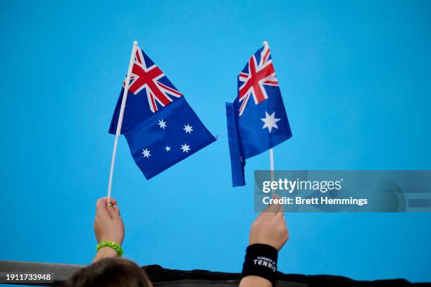 Australian flags are pictured in the semi-final match between Alex De Minaur of Australia and Alexander Zverev of Germany during the 2024 United Cup...