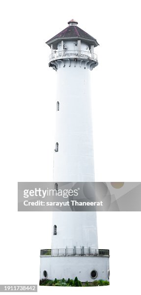 Tower. White warning lighthouse on white background. Isolated.