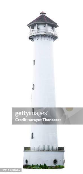 tower. white warning lighthouse on white background. isolated. - lighthouse lamp stock pictures, royalty-free photos & images