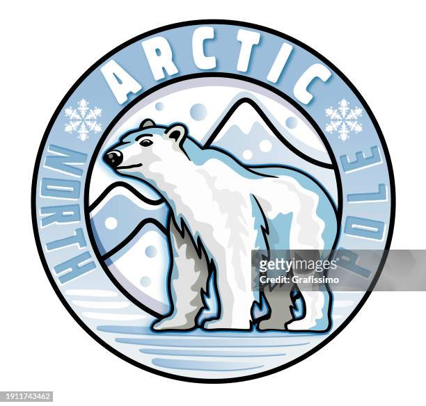 ilustrações, clipart, desenhos animados e ícones de logotipo do emblema com urso polar na ilustração do ártico e do iceberg - clima polar