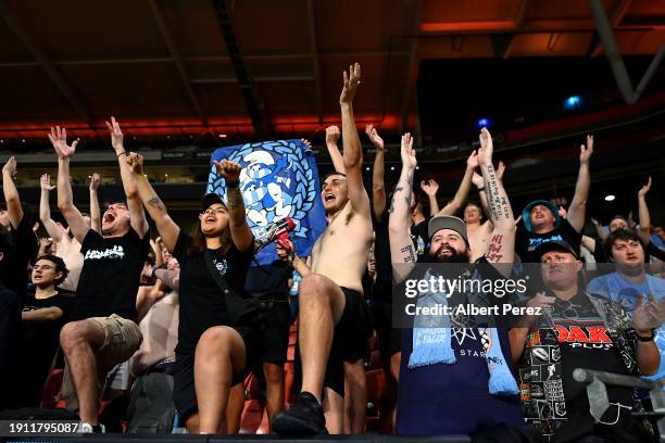 Sydney FC fans celebrate the victory during the A-League Men round 11 match between Brisbane Roar and Sydney FC at Suncorp Stadium, on January 06 in...