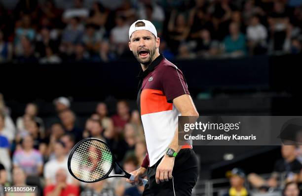 Grigor Dimitrov of Bulgaria celebrates after winning the first set in his semi final match against Jordan Thompson of Australia during day seven of...