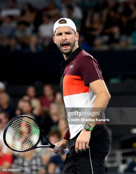 Grigor Dimitrov of Bulgaria celebrates after winning the first set in his semi final match against Jordan Thompson of Australia during day seven of...