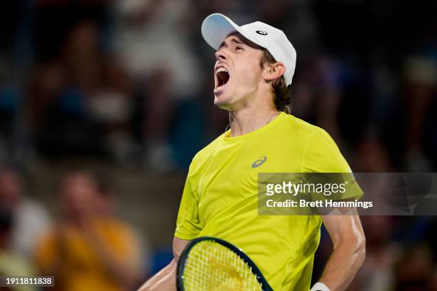 Alex De Minaur of Australia celebrates winning the second set the semi-final match against Alexander Zverev of Germany during the 2024 United Cup at...
