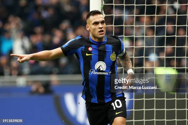 Lautaro Martinez of FC Internazionale celebrates scoring his team's first goal during the Serie A TIM match between FC Internazionale and Hellas...