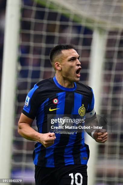 Lautaro Martinez of FC Internazionale celebrates after scoring their team's first goal during the Serie A TIM match between FC Internazionale and...