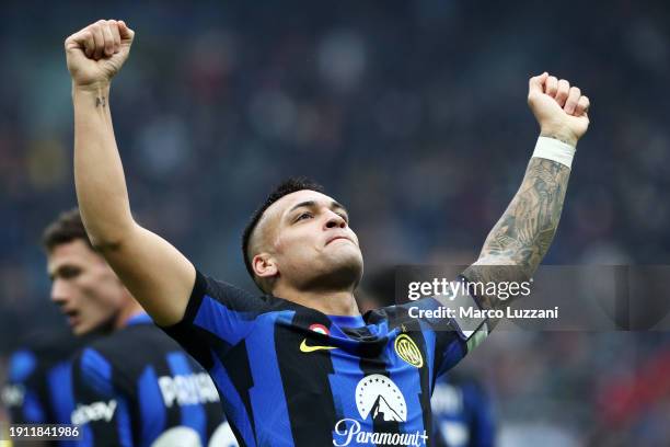 Lautaro Martinez of FC Internazionale celebrates scoring his team's first goal during the Serie A TIM match between FC Internazionale and Hellas...
