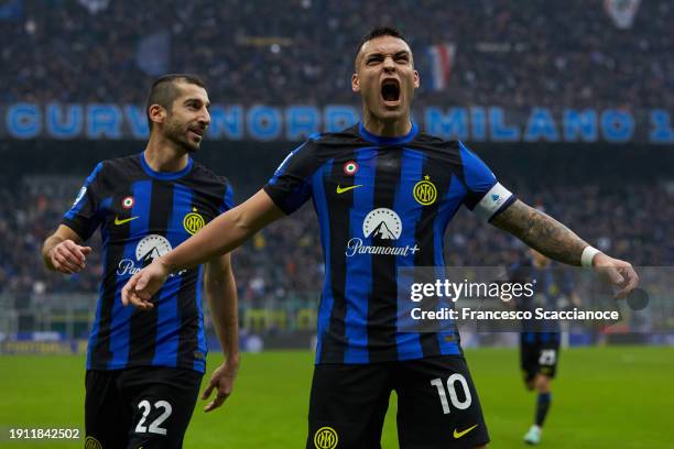 Lautaro Martinez of FC Internazionale celebrates after scoring his team's first goal during the Serie A TIM match between FC Internazionale and...