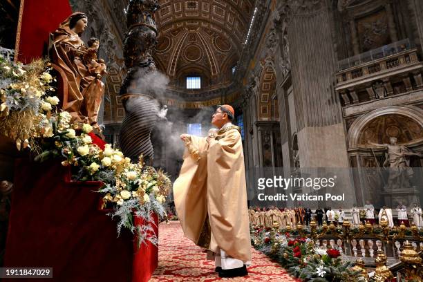 Former Archbishop of Manila cardinal Luis Antonio Tagle celebrates the Mass on the Solemnity of the Epiphany at St. Peter's Basilica on January 06,...