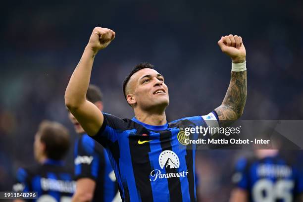 Lautaro Martinez of FC Internazionale celebrates after scoring their team's first goal during the Serie A TIM match between FC Internazionale and...